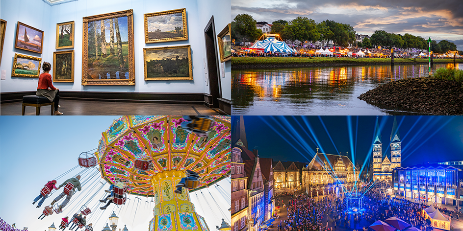 A collage of four pictures showing the Museum Kunsthalle, the Breminale festival on the Osterdeich, a carousel at the Freimarkt and the music festival on the market square.