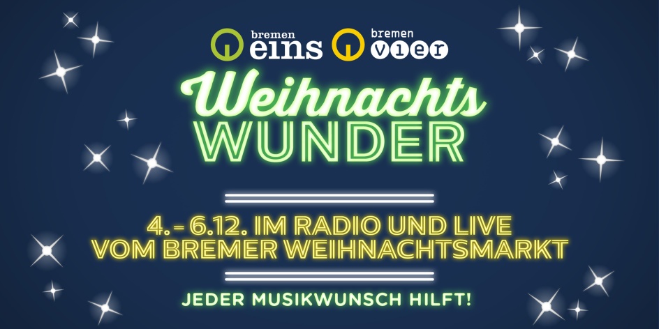 Auf blauem Untergrund steht in weihnachtlicher Schrift: Weihnachtswunder. 4. bis 6. Dezember im Radio und live vom Bremer Weihnachtsmarkt. Jeder Musikwunsch hilft.