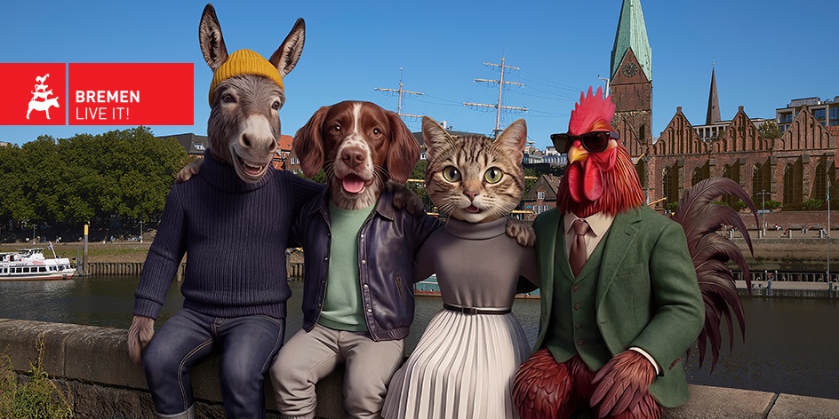 Artificially generated, human-like town musicians pose side by side along the Weser River