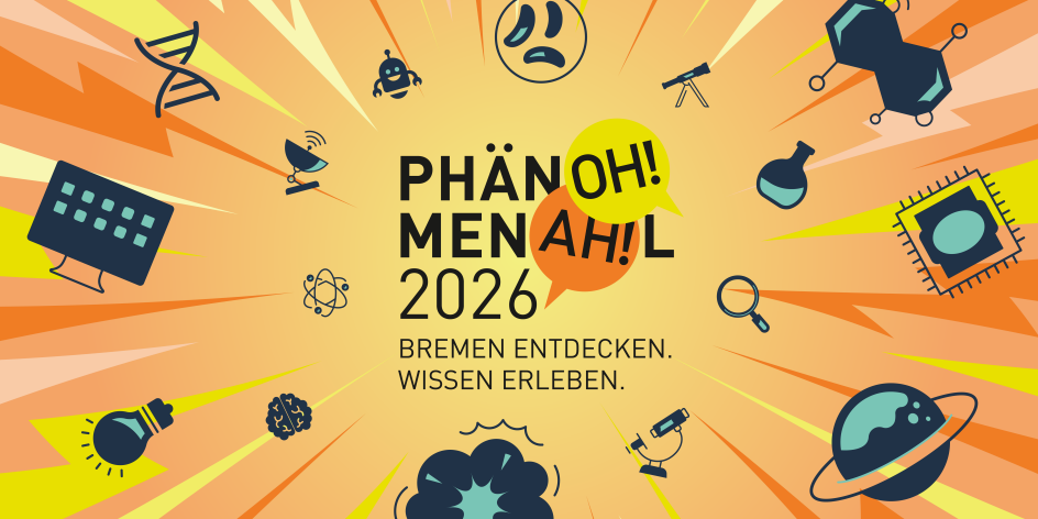 Fliegende wissenschaftliche Symbole umgeben das Logo des Themenjahres "Phänomenal 2026"