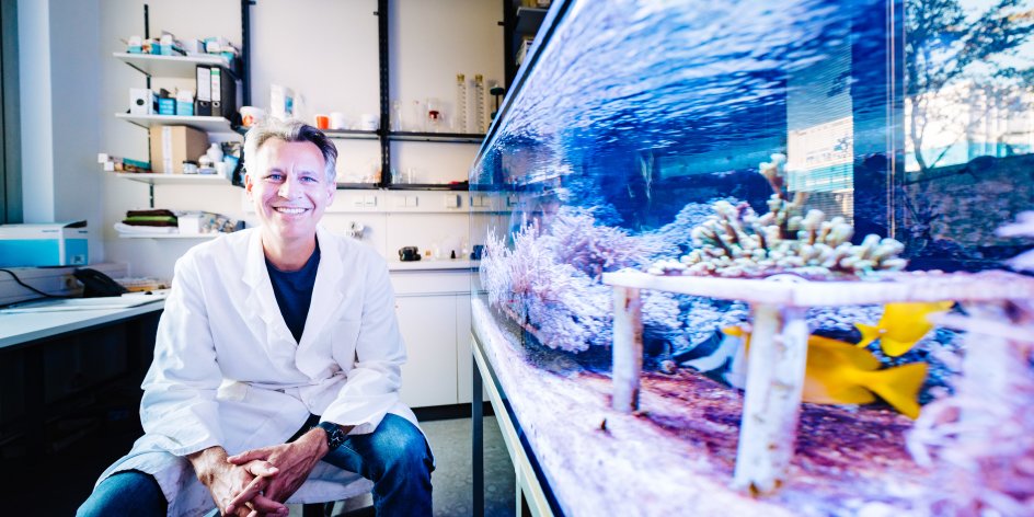 Ein Wissenschaftler vor einem Aquarium
