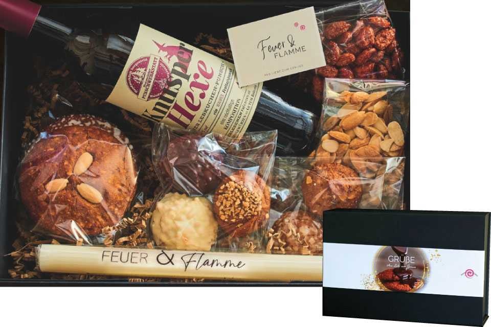 Geschenkekorb Feuer & Flamme mit  Lebkuchenvariationen, Lebkuchenpunch und Mandeln.