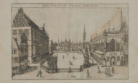 Alte Ansicht des Bremer Marktplatzes um 1600; Quelle: Renner-Chronik/Staatsarchiv Bremen