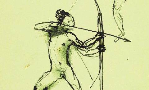 Stehende Figur mit Pfeil und Bogen, um 1910-1915, Tusche auf Papier. Eine Zeichnung von Gerhard Marcks.