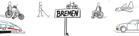 Eine Sketchnote, also eine digitale schwarz-weiß-Zeichnung, zeigt wie ein Zug, ein Handbike, ein Mann mit Langstock, ein Fahrrad, ein Flugzeug und ein Auto sich auf das Ortsschild Bremen zu bewegen.