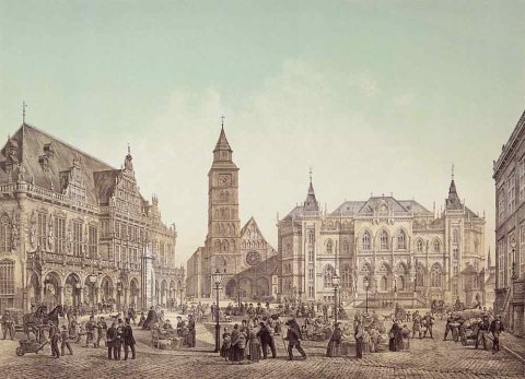 Diese Lithografie zeigt einen Marktplatz umringt von großen Gebäuden. Gegenüber die Türme eines Domes.