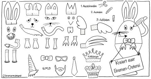 Eine gezeichnete Anleitung zum ausschneiden, mit Ohren, Pfoten und Gesichtern, damit man sie ausschneiden kann und auf ein Osterei kleben.