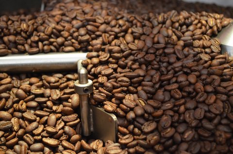 Zu sehen sind zahlreiche braune Kaffeebohnen. Zwischen den Bohnen ist ein metallenes Rohr zu erkennen. 