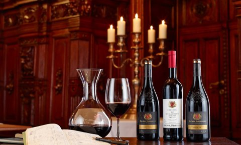 In einer Reihe: Karaffe und Glas mit Rotwein sowie drei Weinflaschen