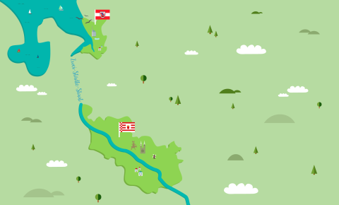 Grafik zeigt Umrisse von Bremen und Bremerhaven verbunden durch die Weser