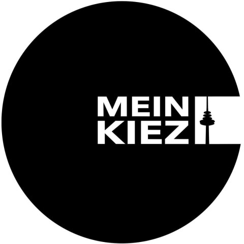 Ein Logo bestehend aus einem schwarzen Kreis und einem weißen Schriftzug mit den Worten Mein Kiez und der Silhouette des Funkturms. 
