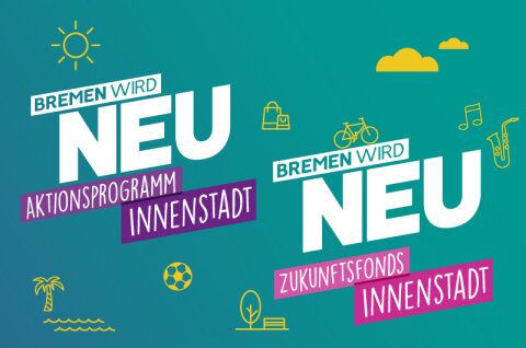 Grafik mit den Logos "Aktionsprogramm Innenstadt" und "Zukunftsfonds Innenstadt" nebeneinander auf türkisem Hintergrund und kleinen gelben Symbolen wie eine Sonne, eine Palme und ein Fahrrad.