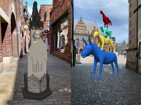 Ein 3D Modell der Stadtmusikanten und der Roland sind in der Innenstadt platziert.