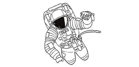 Das Ausmalbild zeigt einen Astronauten in der Schwerelosigkeit.