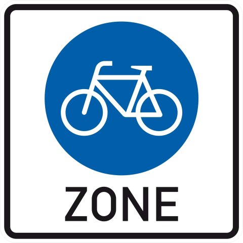 Ein eckiges Verkehrsschild mit weißem Fahrrad auf blauem Kreis und Beschriftung "Zone" weist den Beginn einer Fahrradzone aus
