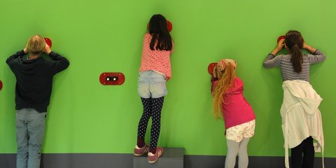 An einer knallgrünen Wand sind Apparaturen angebracht, durch die vier Kinder etwas beobachten 