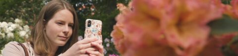 Eine junge Frau macht mit ihrem Handy ein Foto von einer üppigen Rhododendronblüte