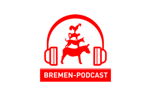 Ein Logo in rot und weiß zeigt die Stadtmusikanten, die von einem großen Kopfhörer umrahmt sind. Darunter die Aufschrift Bremen Podcast