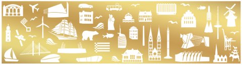 Goldener Hintergrund, darauf weiße Icons mit bremischem Bezug.