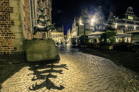 The statue of the Bremen town musicians at night. 