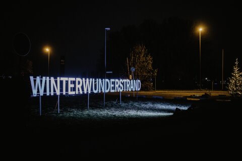 Winterwunderstrand Schild im Lankenauer Höft