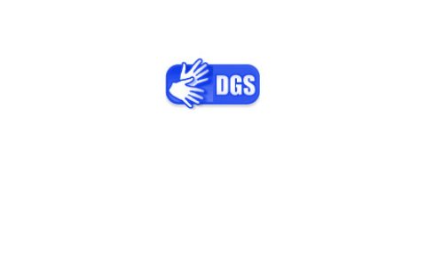 Das Logo für Deutsche Gebärdensprache: Weiße Grafik auf blauem Grund. Zwei gebärdende Hände und der Schriftzug DGS.