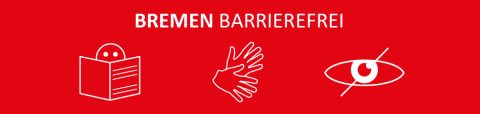 Grafik mit dem Schriftzug "Bremen barrierefrei", zwei Händen in Bewegung und einem lesenden Männchen.