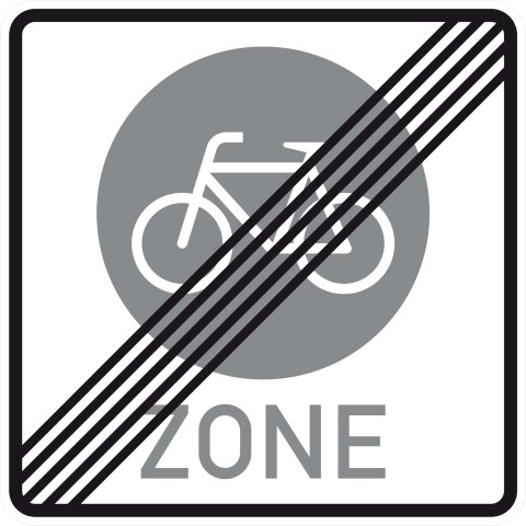 Ein eckiges Verkehrsschild mit durchgestrichenem weißen Fahrrad auf grauem Kreis und Beschriftung "Zone" weist das Ende einer Fahrradzone aus