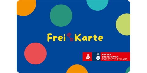 Vorderansicht der FreiKarte. Eine blaue Karte mit bunten Punkten und dem Bremer Schlüssel. Aufschrift: FreiKarte. Logo: Bremen Bremerhaven - Zwei Städte. Ein Land.