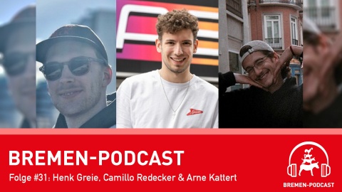 Eine Fotokollage mit drei Männern. Zwei von ihnen tragen Sonnenbrillen. Da drüber steht Bremen-Podcast Folge 31: Henk Greie, Camillo Redecker und Arne Kattert.