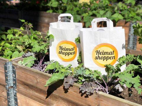 Man sieht zwei Papiertüten mit dem Logo der Aktion "Heimat Shoppen", die in einem Beet stehen.
