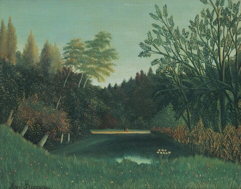 Man sieht das Gemälde "Vue de Bois de Boulogne" von Henri Rousseau. Es ist ein Ölgemälde, dass eine grüne Landschaft zeigt.