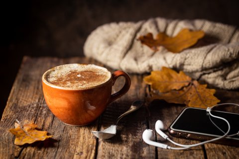 Zu sehen ist eine braune Tasse mit einem Kaffee. Daneben liegt ein Iphone mit Kopfhörern und ein bräunliches Ahornblatt. Das Bild wirkt sehr herbstlich. 