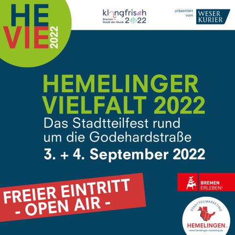 Veranstaltungsbanner für die HEVIE. Die Überschrift lautet: "Hemelinger Vielfalt 2022: Das Stadtteilfest rund um die Godehardstraße. 3. + 4. September 2022" 