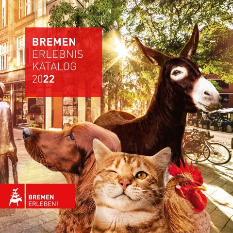 Cover des Reise-Katalogs mit Esel, Hund, Katze und Hahn.