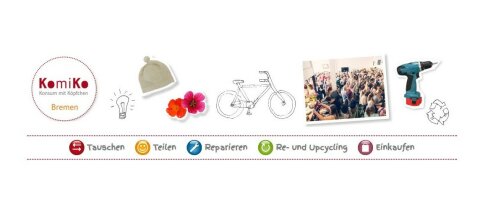 Das Logo von Konsum mit Köpfchen ist zu sehen. Daneben sind Skizzen von einem Fahrrad, einer Bohrmaschine und einer Glühbirne. 