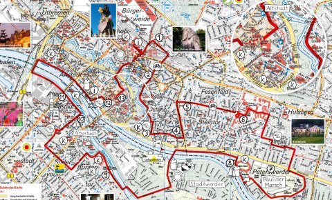 Kartenausschnitt von Bremen mit eingezeichneter Tour durch die Innenstadt.