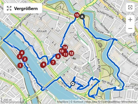 Eine Karte zeigt einen Rundgang in der Bremer Innenstadt und führt an mehreren Stopps vorbei.
