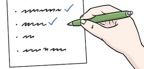 Zeichnung von einem Blatt Papier und einer Hand, die einen Stift hält und eine Liste auf dem Papier abhakt.