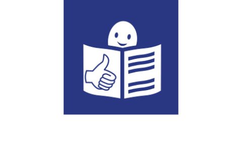 Das Logo der Leichten Sprache: Weiße Grafik auf blauem Grund. Ein Männchen liest in einem Buch.
