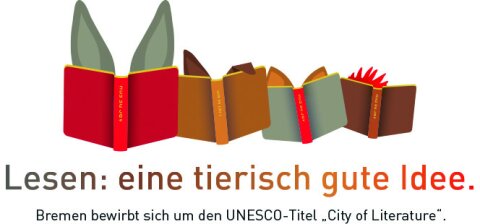 Jedes der vier Tiere der Bremer Stadtmusikanten liest ein Buch. Sie sind jeweils so vertieft in ihre Bücher, dass man nur die Ohren des Esels, des Hunds, der Katze und den Kamm des Hahns sieht.