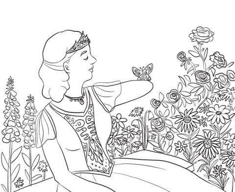Ausschnitt eines Ausmalbildes der Bremer Künstlerin Lui Kohlmann. Die Zeichnung zeigt eine Prinzessin mit einem halben Arm, auf dem ein Schmetterling sitzt.