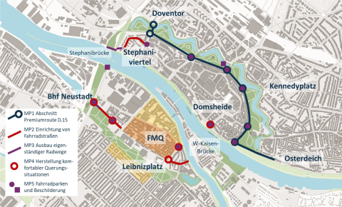 Das Bild zeigt einen Stadtplan von Bremen, in den die Umbaumaßnahmen und die Streckenführung des Projekts Wallring eingetragen sind