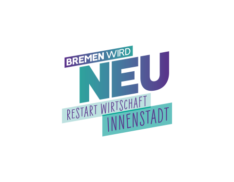 Logo mit dem Schriftzug "Bremen wird neu - Restart Wirtschaft Innenstadt" in blau-türkisen Farben.