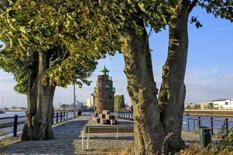 Blick zwischen zwei kräftig gewachsenen Baumstämmen hindurch auf den Molenturm in der Überseestadt
