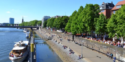 Das Schlachte-Ufer: links die Weser, rechts die Flanier-Meile; Quelle: bremen.online - MDR