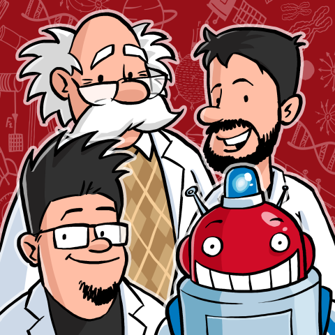 Drei Wissenschaftler als Comicfiguren mit einem Roboter