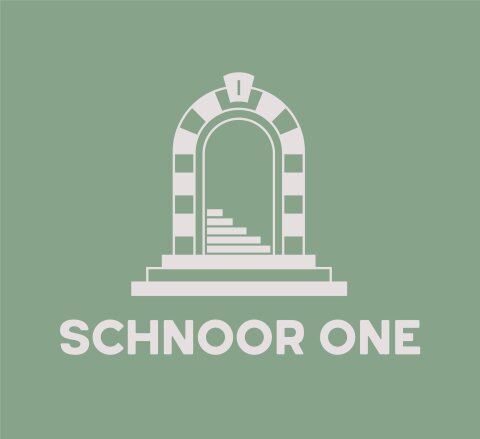 Das Logo des Geschäfts "Schnoor One". Zu sehen ist der Name und der Eingang des Geschäfts auf einem mintgrünen Hintergrund. 