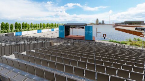 Zu sehen ist ein Entwurf, wie die Seebühne aussehen könnte. Davor befinden sich einige Sitzreihen für die Zuschauer. Die Seebühne wurde mit einem blauen Anstrich versehen. 