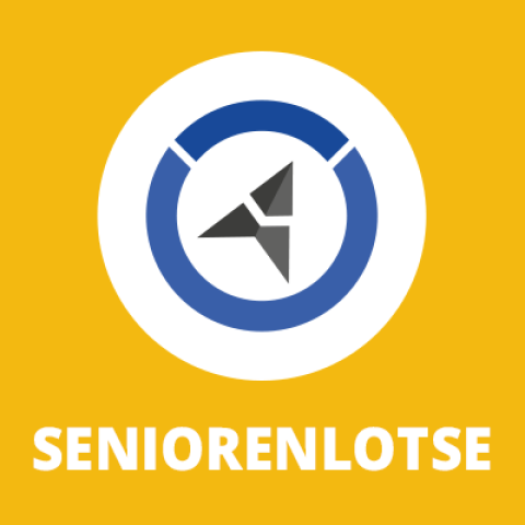 Logo des Seniorenlotse mit blau-grauem Richtungspfeil auf gelbem Hintergrund